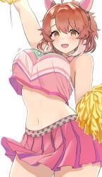 1girl arm_up bare_shoulders bouncing_breasts brown_eyes brown_hair cheerleader crop_top crop_top_overhang cropped_shirt dantsu_flame_(umamusume) enumiyan holding_pom_poms horse_ears horse_girl large_breasts miniskirt multicolored_hair navel open_mouth pink_shirt pink_skirt pleated_skirt pom_pom_(cheerleading) pom_poms short_hair sleeveless_shirt smile solo stomach thick_thighs thighs umamusume umamusume_pretty_derby white_hair