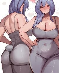 1girls animal_ears animal_tail ass ass_in_dress back back_view backboob big_ass blue_dress blue_hair braid braided_hair brown_eyes bunny_ears bunny_tail cleavage close-up dress female female_only hair hand_on_hip high_resolution highres hips hololive long_dress mature mature_female mature_woman meeko_illus milf mole mole_on_breast mother pekomama solo solo_female tail thick_thighs thighs white_background