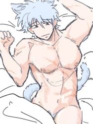 blboo_o cat_ears cat_tail catboy completely_nude gintama gintoki_sakata kemonomimi linked_nipples male male_only nipple_chain nipple_piercing nude on_back on_bed pecs pubic_hair_peek scar scars scars_all_over white_hair
