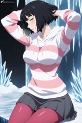 1girl ai_generated arms_up black_hair black_skirt blush breasts digitalwaifugallery green_eyes han_song-yi hi_res high_quality high_resolution hood hoodie ice large_breasts looking_at_viewer pantyhose patreon pleated_skirt red_pantyhose seductive sexy short_hair sitting skirt solo solo_leveling striped_clothes striped_hoodie sweater uncensored watermark