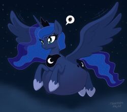 annoyed annoyed_expression anthro anthro_female blue_fur blushing blushing_female enjoying_pregnancy flying hasbro horse horse_girl hyper_pregnancy my_little_pony night night_sky pegasus pregnancy pregnant pregnant_anthro pregnant_belly pregnant_female princess_luna_(mlp) thenypod4