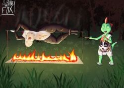 1boy 1girls absurd_res albinefox anthro arms_tied barefoot bound breasts campfire cannibalism christina_panda clothed_male_nude_female completely_nude_female cooking_with_furs death dinosaur_boy dinosaur_humanoid dripping duo ejaculation female female_death fire forest forest_background full_body giant_panda gore grass guro gynophagia head_grab headless hi_res hybrid interspecies large_breasts legs_tied macabre male male/female mammal nature nature_background night oiled_body oskar_(character) outdoors plant pussy reverse_blowjob reverse_deepthroat roasting roasting_spit severed_head smile spit_roasting standing tree uncensored ursid vore