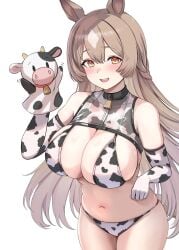 1girl bare_shoulders brown_eyes brown_hair cleavage cow_print_armwear cow_print_bikini elbow_gloves enumiyan hand_puppet horse_ears horse_girl large_breasts long_hair looking_at_viewer navel open_mouth satono_diamond_(umamusume) smile solo stomach umamusume umamusume_pretty_derby