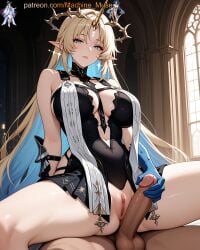 1boy 1girl 1girls adult adult_female ai_generated balls ballsack bare_shoulders before_sex big_breasts black_dress blonde_hair blue_gloves blue_hair boobs breasts bust busty busty_female busty_girl clothes clothing cock colored_inner_hair dick dress elf eye_contact female fleurdelys_(wuthering_waves) girl girl_on_top gloves halo handjob horns imminent_penetration imminent_sex imminent_vaginal kuro_games large_breasts legs_apart legs_spread long_hair looking_at_viewer machine_muse male mature mature_body mature_female multicolored_hair navel penis pointy_ears pussy reverse_cowgirl_position sexy sexy_body single_horn sitting solo_focus spread_legs testicles tits touching_penis two-tone_hair uncensored vagina very_long_hair watermark wuthering_waves