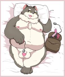 2021 anthro balls bed felid feline flaccid furniture genitals hi_res kemono kusosensei lying male mammal meowskers moobs navel nipples obese obese_anthro obese_male overweight overweight_anthro overweight_male penis pillow sex_toy shadowverse solo