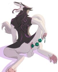 anal anal_beads anal_masturbation animal_genitalia animal_penis anthro anus backsack balls black_body black_fur blue_eyes butt d20 dice dice_anal_beads fur gaius_devore genitals hi_res looking_at_viewer looking_back looking_back_at_viewer male male_penetrated masturbation nude open_mouth penetration penis sergal sex_toy sharp_teeth sheath simple_background smile solo tail teeth tongue tongue_out white_body white_fur yuguni
