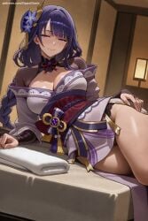 1girl ai_generated bangs bare_shoulders blush braid breasts cleavage flower genshin_impact hair_flower hair_ornament hi_res high_quality high_resolution indoors large_breasts long_hair looking_at_viewer lying on_side one_eye_closed patreon purple_eyes purple_hair raiden_shogun sash seductive sexy smile solo thighs uncensored very_long_hair watermark