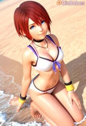 1girl ai_generated barefoot beach bikini blue_eyes bracelet breasts choker cleavage day disney dizbabes female_only from_above front-tie_top jewelry kairi kingdom_hearts kneeling looking_at_viewer medium_breasts navel necklace outdoors red_hair sand shiny_skin short_hair smile solo solo_female square_enix stable_diffusion swimsuit video_game_character video_games water white_bikini wristband