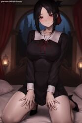 1girl ai_generated bangs bed black_dress black_hair blush breasts candle collarbone curtains dress folded_ponytail full_body hair_ribbon hi_res high_heels high_quality high_resolution indoors kaguya-sama_wa_kokurasetai_~tensai-tachi_no_renai_zunousen~ kneeling lamp large_breasts long_sleeves looking_at_viewer on_bed parted_bangs patreon patreon_username red_eyes red_ribbon ribbon school_uniform seductive sexy shinomiya_kaguya shuuchiin_academy_uniform sidelocks smile solo uncensored watermark web_address