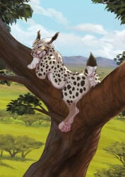 animal_genitalia animal_vulva black_sclera bodily_fluids brown_pubes butt cheek_tuft clitoral clitoral_masturbation cloud detailed_background ear_tuft facial_tuft felid feline feline_anus feline_genitalia feline_vulva female feral fur genital_fluids genitals grass half-closed_eyes hi_res hill in_tree licking lying lynx malaika4 mammal markings masturbation multicolored_body narrowed_eyes on_front pawpads pink_pawpads plant presenting presenting_hindquarters pubes raised_tail rubbing rubbing_against_tree short_tail side_view sky solo spots spotted_body spotted_fur spread_vulva spreading suggestive tail tail_anus tan_body tongue tongue_out tree tuft two_tone_body vaginal_fluids vulva yellow_eyes zaire_(nightdancer)