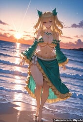 1girl ai_assisted ai_generated artist_name bangs bare_shoulders barefoot beach bikini blonde_hair breasts cleavage cloud curvaceous curvy curvy_female curvy_figure eyebrows_visible_through_hair fairy_tail female frills hair_ornament large_breasts long_hair long_sleeves looking_at_viewer lucy_heartfilia miyuai navel ocean outdoors skirt sky smile solo standing sun sunset swimsuit thick thick_ass thick_butt thick_hips thick_legs thick_thighs voluptuous voluptuous_female wading water watermark wide_hips wide_thighs