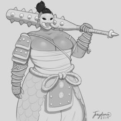 2019 artist_signature breasts female for_honor hair juicydemon kanabo large_breasts mask rule_63 shugoki_(for_honor) solo solo_female