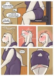 absurd_res anthro bearinhat blush bovid butt caprine clothing comic deltarune dialogue english_text eyes_closed female fur goat hi_res horn mammal masturbation sitting solo text toriel undertale_(series) undressing white_body white_fur