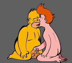 2boys bald cancan_draws cheating_boyfriend cheating_husband chubby_male closed_eyes crossover erection facial_hair fat_man futurama gay ginger_hair grey_background handjob holding_penis homer_simpson imminent_sex kissing kneeling male male_only masturbating_other nude on_knees philip_j_fry pink_skin straight_to_gay the_simpsons tongue_kiss yaoi yellow_skin