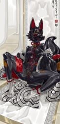 accessory anthro bdsm bell black_body black_fox_(xiaofanaowu2333) bondage bound canid canine chastity_cage chastity_device clothing fox furgonomics glistening glistening_body gynomorph hi_res intersex ken1041_7 latex latex_clothing latex_skinsuit mammal ofuda restraints robe rope rope_bondage rope_harness skinsuit tail tail_accessory tail_bell talisman tight_clothing