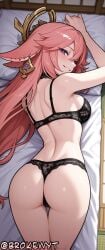 1girl ai_generated animal_ears ass back bangs bare_shoulders black_bra black_panties blush bra breasts brokewyt cuckold earrings fox_ears genshin_impact grin hair_between_eyes hair_ornament hi_res high_quality high_resolution highres hoyoverse jewelry large_breasts long_hair looking_at_viewer looking_back lying netorare on_stomach panties pink_hair purple_eyes smile solo thighs uncensored underwear underwear_only watermark yae_miko