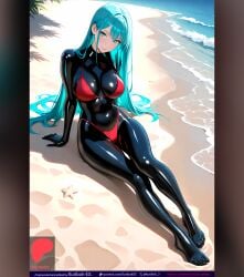 1girls ai_generated beach big_breasts bikini bodysuit boobs breasts catsuit clothed_female clothing female female_only kuriboh_ex_(artist) latex latex_bodysuit latex_clothing latex_skinsuit latex_suit legs long_hair ocean oppai red_bikini rubber rubber_clothing rubber_suit skin_tight skinsuit turquoise_eyes turquoise_hair