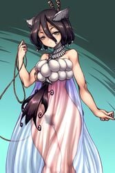 1girls black_hair chabo_(fuketsudan) dr.stone dress excessive_pubic_hair female_focus female_only grey_eyes kirisame_(dr.stone) looking_at_viewer looking_away no_bra pubic_hair short_hair solo_female solo_focus wide_hips wide_thighs