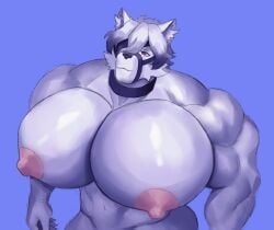 anthro big_muscles big_pecs canid canine canis hi_res huge_muscles huge_pecs hyper hyper_muscles hyper_pecs male mammal mariamame mihoyo muscular muscular_anthro muscular_male nipples pecs solo thiren von_lycaon white_body wolf zenless_zone_zero
