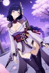 1girl ai_generated armor black_thighhighs blunt_bangs blush braid braided_ponytail breasts bridal_gauntlets cherry_blossoms cleavage closed_mouth digitalwaifugallery dutch_angle falling_petals flower full_moon genshin_impact hair_ornament hi_res high_quality high_resolution japanese_clothes kimono large_breasts long_hair long_sleeves looking_at_viewer mitsudomoe_(shape) mole mole_under_eye moon night night_sky obi off_shoulder outdoors patreon petals purple_eyes purple_flower purple_hair purple_kimono purple_thighhighs raiden_shogun sash seductive sexy shoulder_armor shrug_(clothing) sky smile solo star_(sky) starry_sky tassel thighhighs thighs tomoe_(symbol) tree uncensored very_long_hair vision_(genshin_impact) watermark wide_sleeves