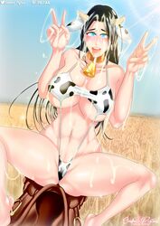 ahe_gao ahe_gao bikini black_hair bukkake commission cow_bikini cum cum_on_body outdoors peace_sign sodomi_pigtail thick