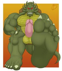 1boy 5_toes anthro balls bara bayron_(artist) big_penis boner demon dragon erection feet foot_focus genitals green_body green_skin hi_res humanoid_feet jackie_chan_adventures magic_user male male_only muscular muscular_anthro muscular_male nude penis shendu soles solo toes