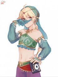 1boy aether_(genshin_impact) artist_name artist_request blonde_hair breath_of_the_wild crossdressing crossover ear_piercing femboy genshin_impact gerudo_link_(cosplay) gold_eyes hair_ornament long_hair male male_focus male_only midriff solo the_legend_of_zelda