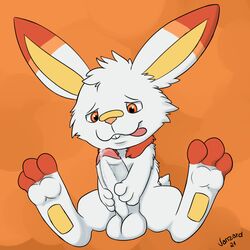 1:1 bodily_fluids fur genital_fluids genitals hi_res humanoid_genitalia looking_at_genitalia looking_at_penis male nintendo orange_eyes penis pokémon_(species) pokemon precum scorbunny solo vanzard video_games white_body white_fur