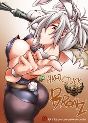 areola_slip ass battle_bunny_riven bunny_ears bunny_girl bunnysuit kimmundo large_breasts league_of_legends nipple_slip pantyhose red_eyes riven white_hair