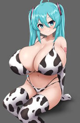 1girls blue_eyes blue_hair breasts cow_bikini cow_print cow_print_gloves cow_print_thighhighs elbow_gloves eyebrows_visible_through_hair female female_focus female_only hatsune_miku humanoid large_breasts looking_at_viewer shiguresayo sitting sitting_down solo solo_female solo_focus tagme vocaloid