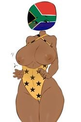 1girls african african_female areolae big_breasts breasts cleavage clothed clothing countryhumans countryhumans_girl dark_skin female female_only flawsy humanoid jiggle nervous one-piece_swimsuit partially_clothed south_africa south_africa_(countryhumans) south_african_flag standing swimsuit thick_thighs wide_hips