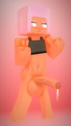 1boy 3d big_balls big_penis blush blushing_at_viewer cuteskyler gigantic_balls gigantic_penis huge_balls huge_cock huge_testicles male_only mine-imator minecraft nate_(cuteskyler) no_pants no_underwear peace_sign pink_background pink_eyes pink_hair posing solo solo_male sports_bra toned