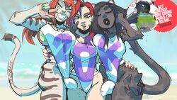 16:9 advertisement beach bulge clothing digital_media_(artwork) fel_(my_life_with_fel) felid female gynomorph hair hi_res human humanoid intersex kenno_arkkan kissing looking_at_viewer mammal mugger_(my_life_with_fel) my_life_with_fel one-piece_swimsuit pantherine ral_wheeler_(machattack17) red_hair seaside smile swimwear tiger trio widescreen