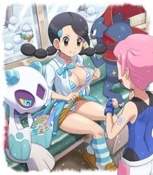 2girls black_hair blue_striped_bra blue_striped_panties bra breasts candice_(pokemon) cleavage flashing flashing_panties froslass game_freak gym_leader huge_breasts legs maylene_(pokemon) nintendo open_shirt panties pink_hair pokemoa pokemon pokemon_(species) pokemon_dppt public self_exposure shimapan shirt sitting skirt skirt_lift snover socks striped_bra striped_panties suggestive thighs upskirt weavile yuri