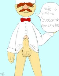 1boy artist_signature bottomless bowtie brown_hair chef_hat chef_uniform clothing erection heavy_eyebrows hidden_eyes jacket_only large_balls large_penis leona_mac light_blue_background male_only muppet muppets mustache precum_bubble puppet swedish swedish_chef