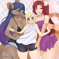 1:1 angel angel_humanoid animal_humanoid anthro bikini black_bikini black_bikini_top black_bottomwear black_clothing black_swimwear blue_eyes blue_hair bottomwear breasts bulge cat_humanoid clothed clothing clothing_grab clothing_pull crimvael elza_(ishuzoku_reviewers) felid felid_humanoid feline feline_humanoid female femboy fur furry_intersex futanari genital_outline hair halo hand_on_leg hi_res humanoid hyaenid inner_ear_fluff intersex ishuzoku_reviewers looking_at_another mammal mammal_humanoid matemi mii_(ishuzoku_reviewers) penis_outline red_hair swimwear topwear trap tuft white_clothing white_topwear