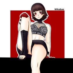 1girls black_skirt blush boots bra brown_hair gloves gym_clothes light-skinned_female makoto_niijima midriff mikabae miniskirt panties persona persona_5 red_eyes skirt upskirt workout_clothes