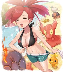 1girls adjusting_clothes beach belly_button bikini_shorts bikini_top bra breasts cleavage closed_eyes collarbone female flannery_(pokemon) flannery_(pokemon_oras) generation_1_pokemon generation_2_pokemon generation_3_pokemon groudon gym_leader hips magcargo midriff navel nintendo no_panties pokemoa pokemon pokemon_(species) pokemon_oras pokemon_rse primal_groudon red_hair redhead shorts slugma staryu stomach suggestive sweat sweating sweating_profusely sweaty tentacool tongue tongue_out torchic torkoal tummy