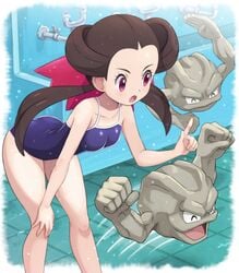 1girls alternate_costume arched_back bending_over bent_over breasts collarbone female female_focus game_freak geodude gym_leader hand_on_knee index_finger_raised legs nintendo one-piece_swimsuit pink_eyes pointing pokemoa pokemon pokemon_oras roxanne_(pokemon) roxanne_(pokemon_oras) standing suggestive swimsuit swimwear