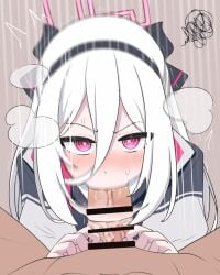 1boy 1girls arararajru36 blowjob blue_archive blush fellatio female halo kei_(blue_archive) looking_at_viewer male millennium_science_school_student oral penis red_eyes white_hair