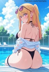 1girl ai_generated ass back bangs bare_shoulders bikini black_bikini black_choker blonde_hair blurry blush breasts choker cloud day eyewear_on_head from_behind halterneck hoshino_ruby large_breasts long_hair looking_at_viewer looking_back off_shoulder oshi_no_ko outdoors pink_eyes pool poolside shirt side-tie_bikini_bottom sitting sky solo string_bikini sunglasses swimsuit thigh_strap thighs vortalis wet white_shirt