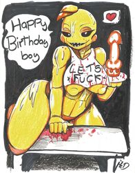 absurd_res animatronic avian bird birthday blood cake chicken dessert female five_nights_at_freddy's five_nights_at_freddy's_2 food galliform gallus_(genus) heart hi_res looking_at_viewer machine mcdave19 nude phasianid robot solo text toy_chica_(fnaf) video_games yellow_body