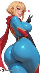 1girl ai_generated artist_name ass bangs belt black_gloves blonde_hair blue_bodysuit blue_eyes blush bodysuit breasts cape chris_kent dc dc_comics from_behind gloves heart huge_ass jon-al kara_zor-el karen_starr large_breasts lips looking_at_viewer looking_back patreon power_girl red_cape red_scarf scarf senpai_pixels sensitive shiny shiny_clothes shiny_hair short_hair simple_background skin_tight smile solo supergirl superhero superman_(series) thick_thighs thighs tongue tongue_out v white_background