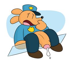 1boy anthro awkward birdvian clothing cop cum dav_pilkey dogman_(character) dogman_(series) domestic_dog dripping_cum foreskin furry male male_only penis penis_out police_uniform simple_background simple_coloring sitting solo