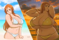 1girls bbw beach before_and_after bikini bleach breasts breasts_bigger_than_head busty chubby chubby_belly chubby_female fat_belly female female_only inoue_orihime light-skinned_female light_skin orange_hair outdoors solo solo_female standing standing_in_water sweat thick_thighs thighs water whatyoudeserved