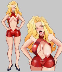 1girls areolae belly big_breasts blonde_hair breasts brown_eyes butt cleavage close-up clothing dress female female_only footwear full_body glerpman golden_boy hair hands_on_hips heels hips legs long_hair madame_president mature mature_female mature_woman nipples one_breast_out red_dress short_dress solo solo_female thighs wardrobe_malfunction