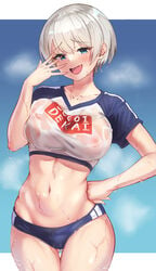 :d absurdres ass_visible_through_thighs blue_background blue_eyes breasts buruma collarbone commentary covered_nipples cowboy_shot crop_top eyebrows_visible_through_hair female hand_on_hip hand_up highres large_breasts navel no_bra oerba_yun_fang open_mouth raglan_sleeves raised_eyebrows see-through shirt short_hair short_sleeves silver_hair skin_fang smile smug solo standing steaming_body sugoi_dekai thigh_gap thighs tongue uzaki-chan_wa_asobitai! uzaki_hana wet wet_clothes wet_shirt zzo0