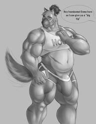 anthro balls_outline biceps big_penis blush bulge canid canine canis clothed clothing dialogue domestic_dog english_text facial_scar fangs fur genital_outline genitals grey_background hair hi_res himbo_hooters hunnipanda male male_only mammal midriff musclegut muscular muscular_anthro muscular_male offscreen_character penis penis_base penis_outline ponytail quads scar shirt simple_background solo speech_bubble tank_top text tokyo_afterschool_summoners topwear video_games yasuyori