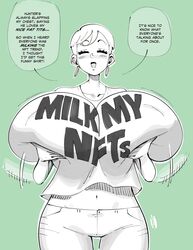 1girls breasts_bigger_than_head closed_eyes earrings gigantic_breasts hexamous holly_hills_(hexamous) jeans meme meme_attire milf solo_female