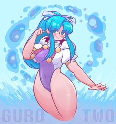 1girls artist_name artist_signature blue_eyes blue_hair blush camelot female_only golden_sun gurotwo_(artist) hair_ornament hair_ribbon large_breasts light_skin long_hair looking_to_the_side mia_(golden_sun) nintendo one-piece_swimsuit ponytail shawl smile swimsuit thick_thighs water